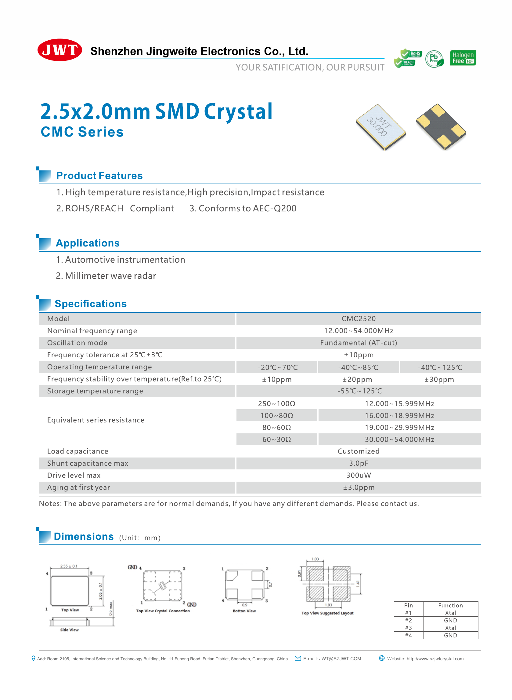 High-resolution original CMC2520 2.5 × 2.0 mm AEC-Q200 SMD Crystal datasheet preview