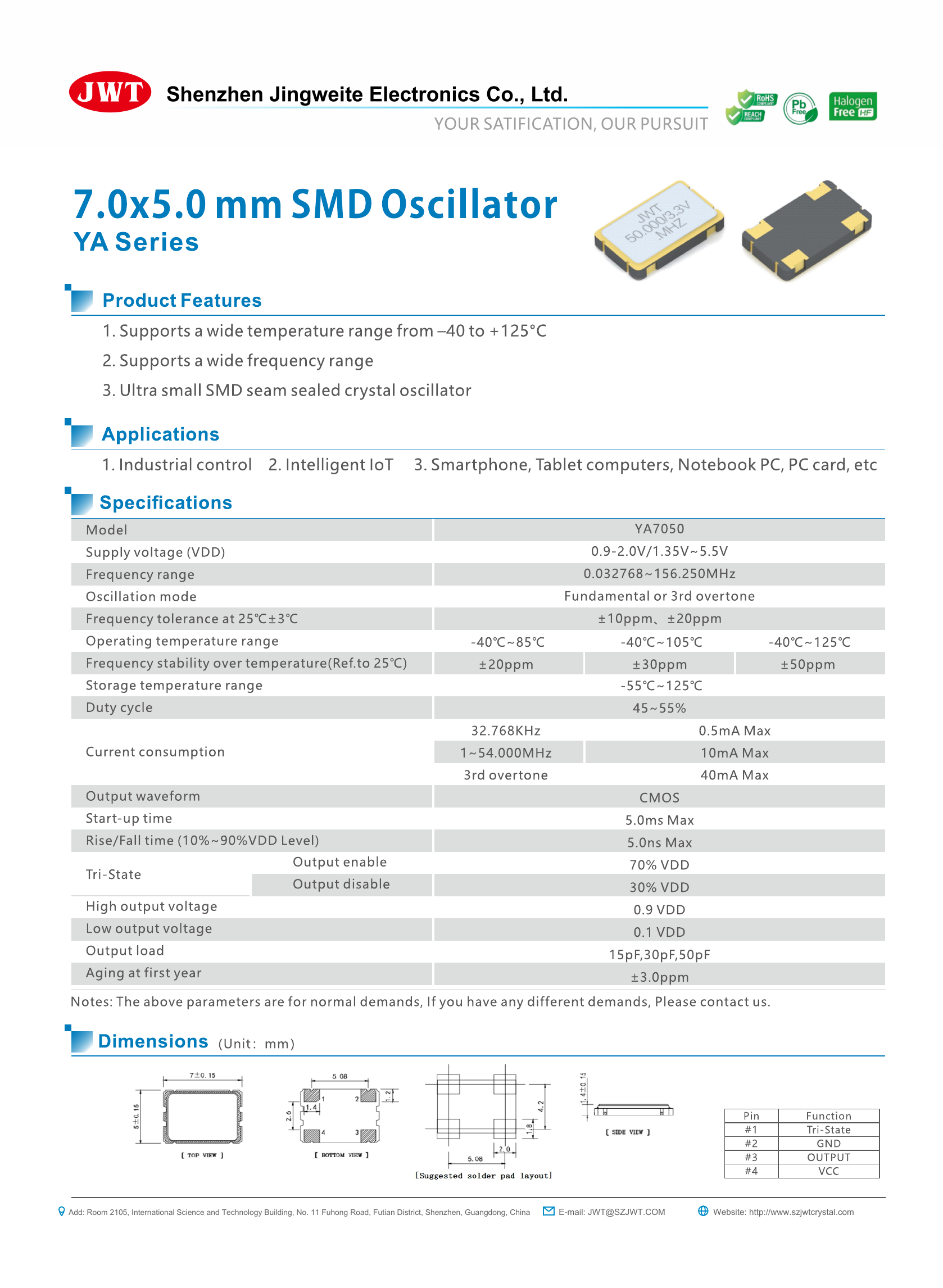 High-resolution original YA7050 SMD Crystal Oscillator datasheet preview