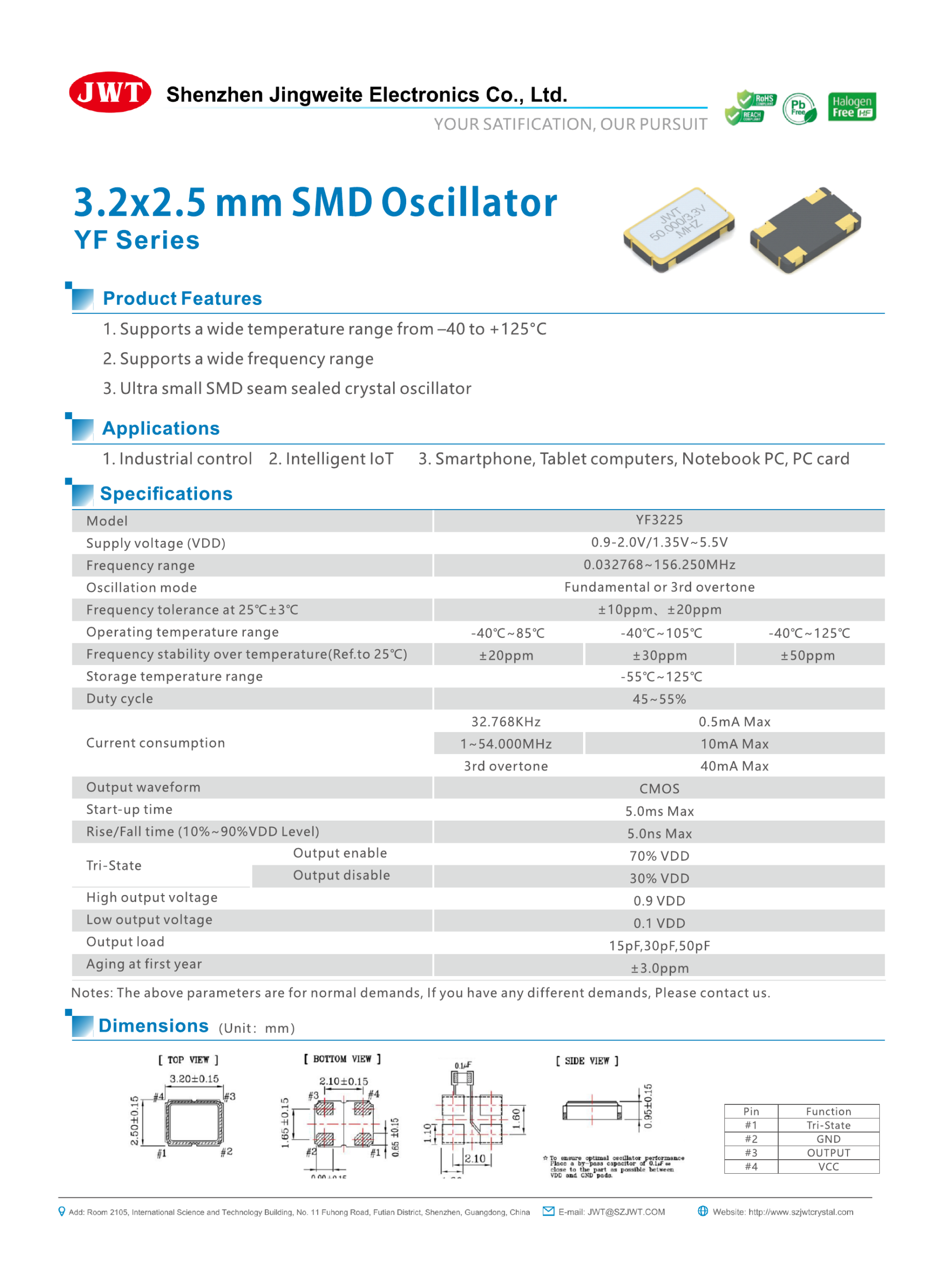High-resolution original YF3225 SMD Crystal Oscillator datasheet preview