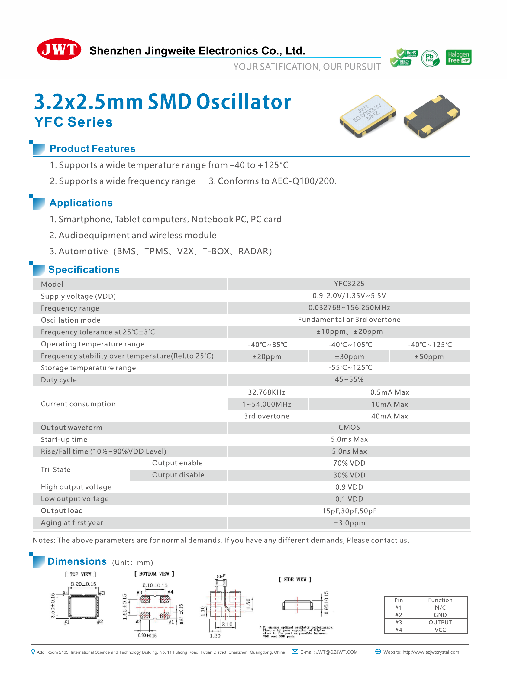 High-resolution original YFC3225 SMD Crystal Oscillator datasheet preview