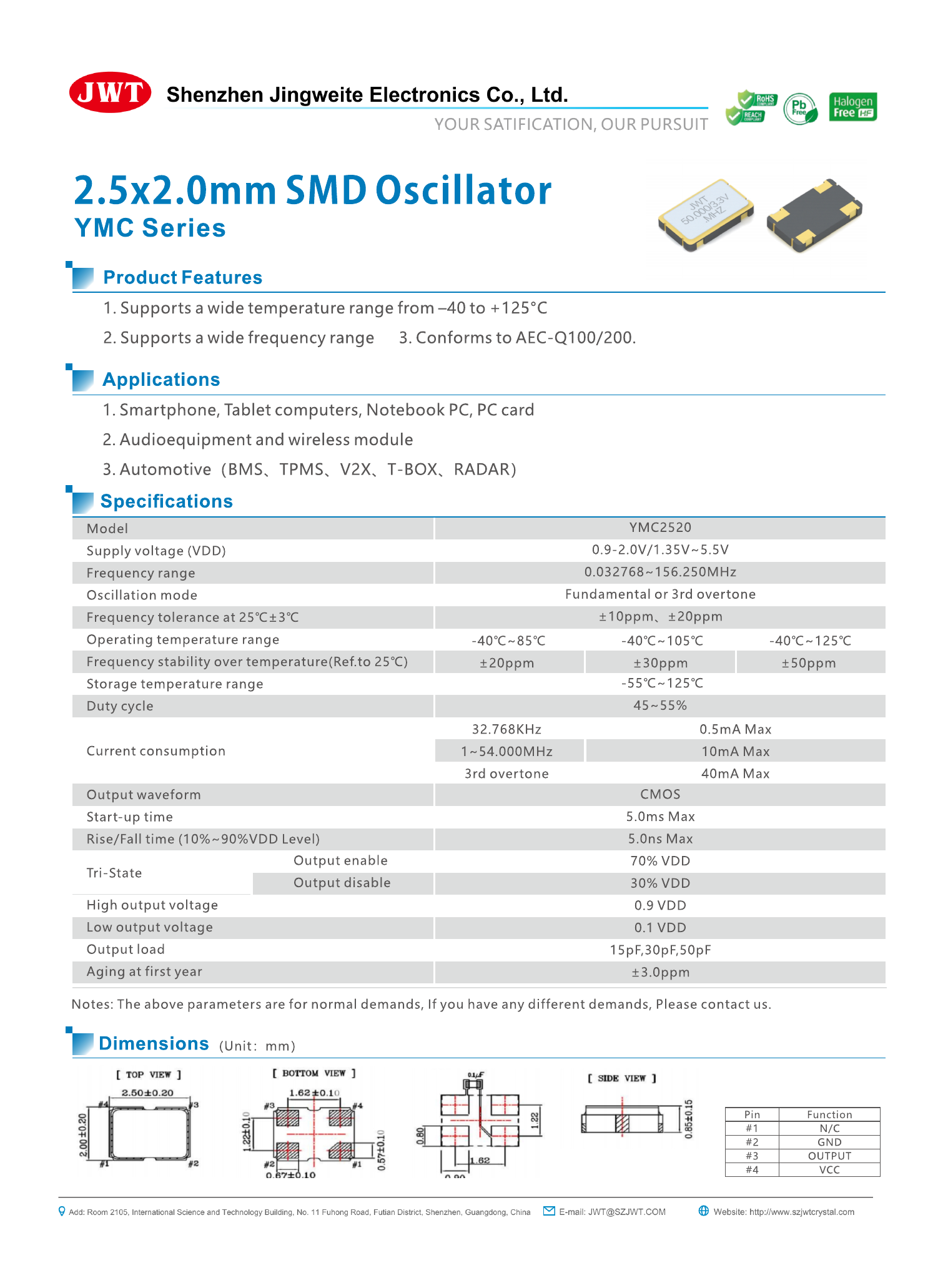 High-resolution original YMC2520 SMD Crystal Oscillator datasheet preview