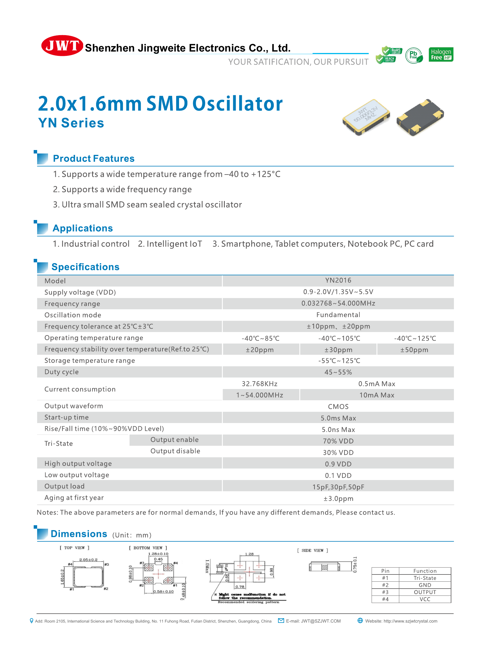 High-resolution original YN2016 SMD Crystal Oscillator datasheet preview