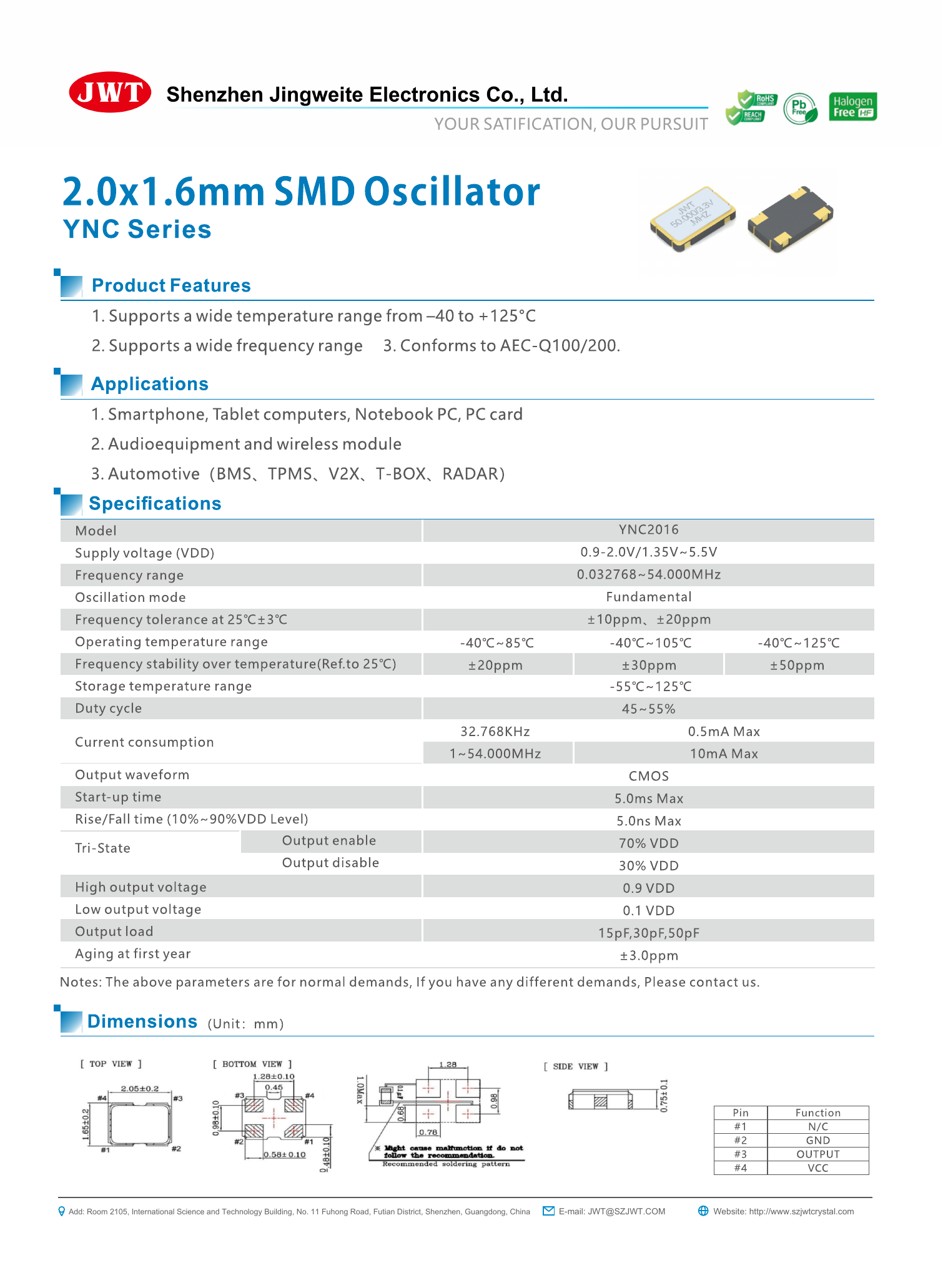 High-resolution original YNC2016 SMD Crystal Oscillator datasheet preview